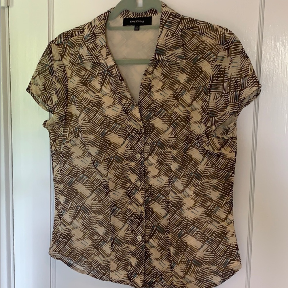 Jones Button Up Geometric Print Brown Blouse Size: 8